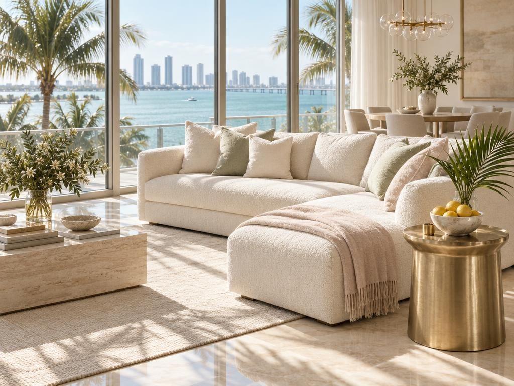 A bright, immaculate living room with tall windows overlooking the bay