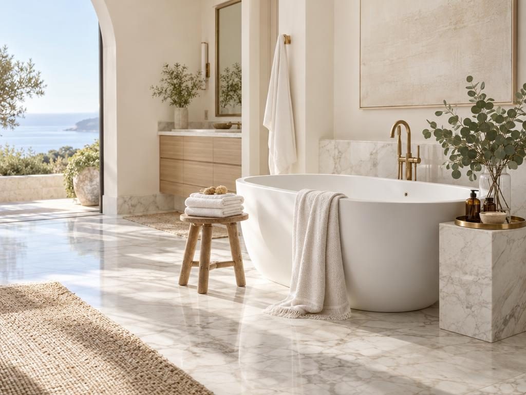 A sunlit, spotless bathroom with folded white towels and fresh eucalyptus