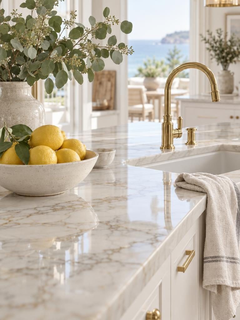 A gleaming marble kitchen counter with a bowl of lemons