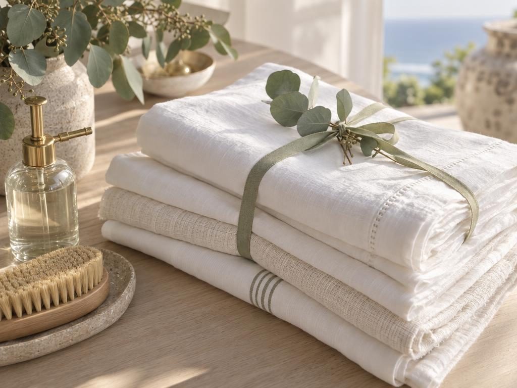 Crisp folded linens with a sprig of eucalyptus